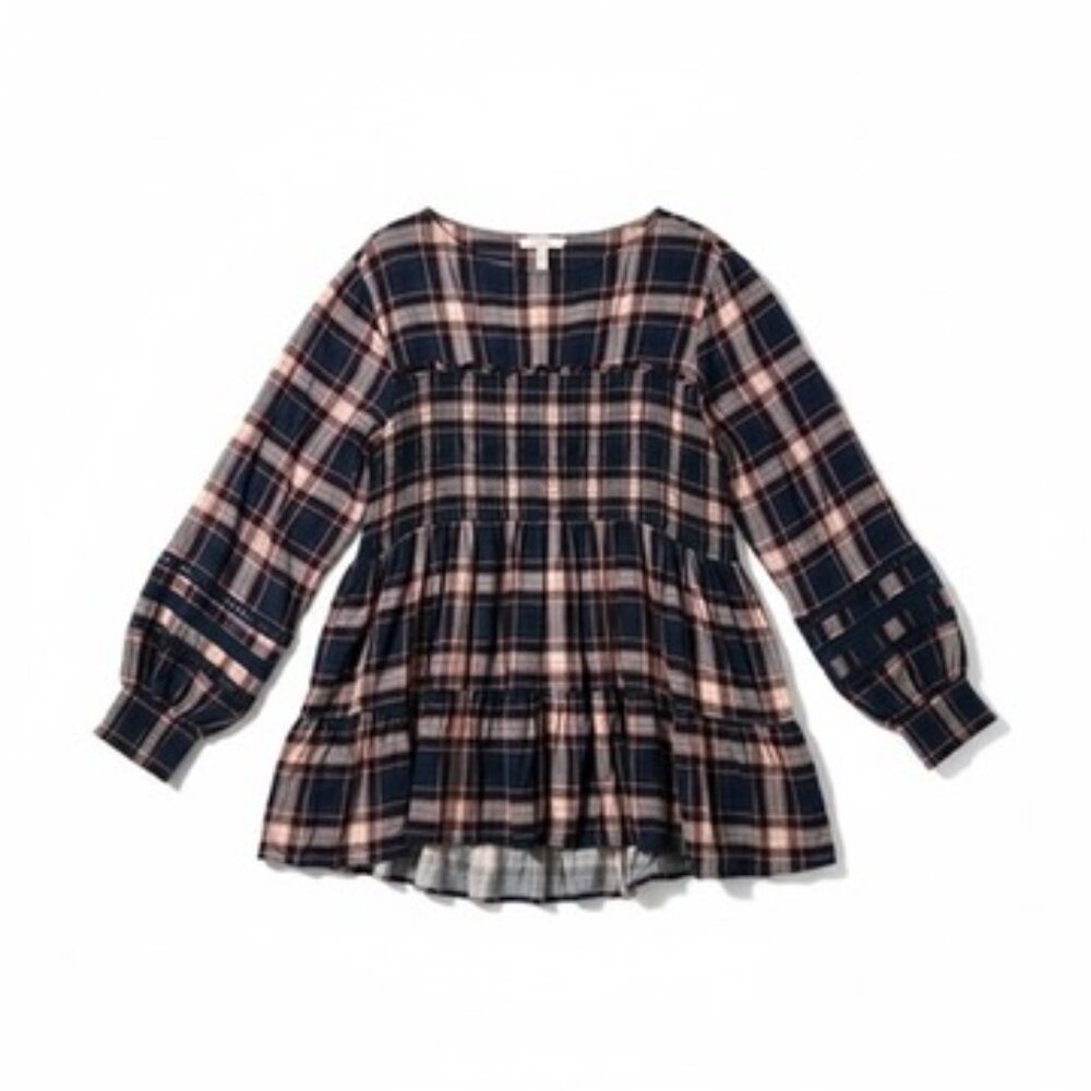 EUC Torrid Babydoll w/ Lace Insert Smocked Tiered Top Blue/Pink Plaid SZ4 ( 26) - Picture 6 of 8